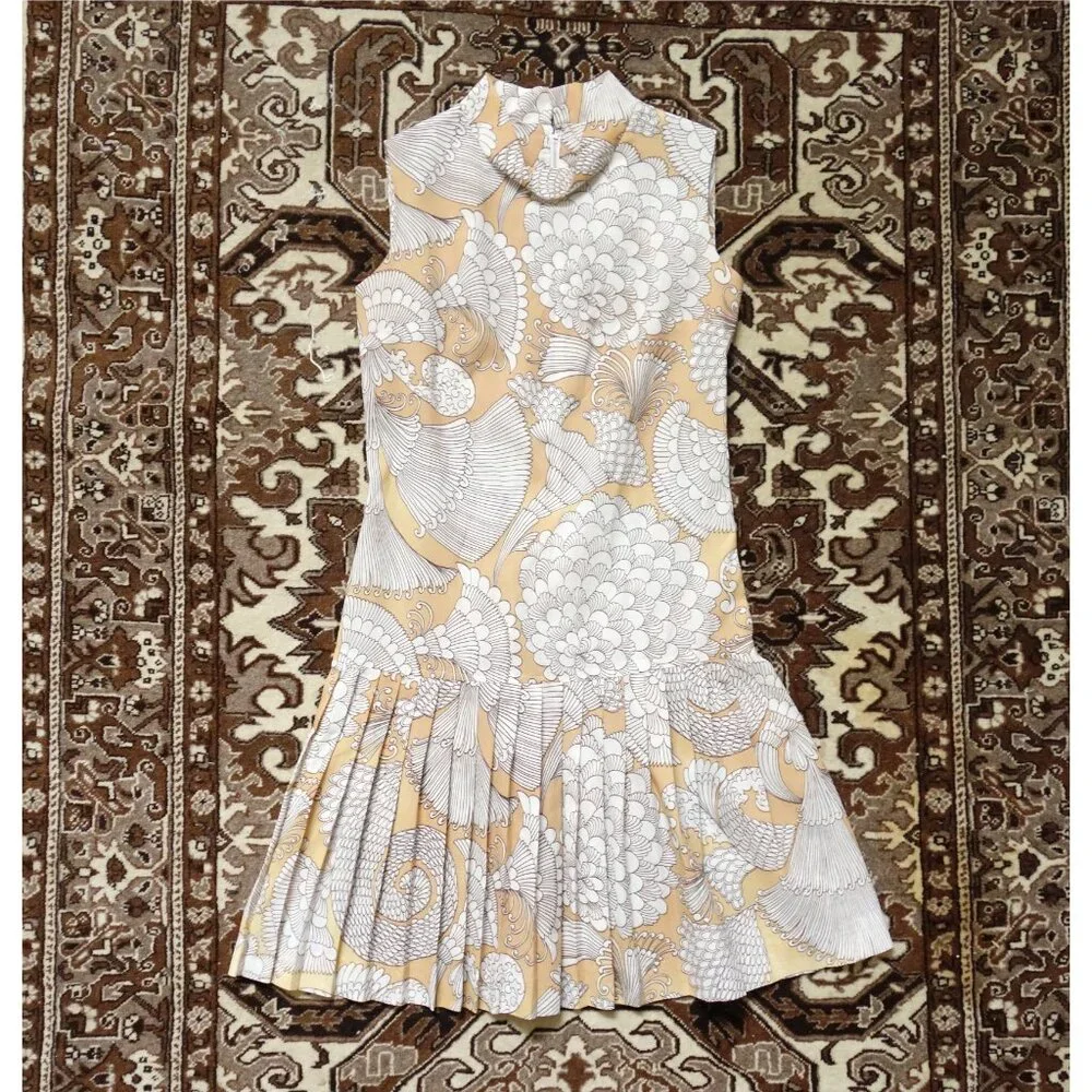 Vintage 60s Pastel Orange White Drop Waist Pleated Skirt Dress est. Medium 6 8 - Picture 3 of 5
